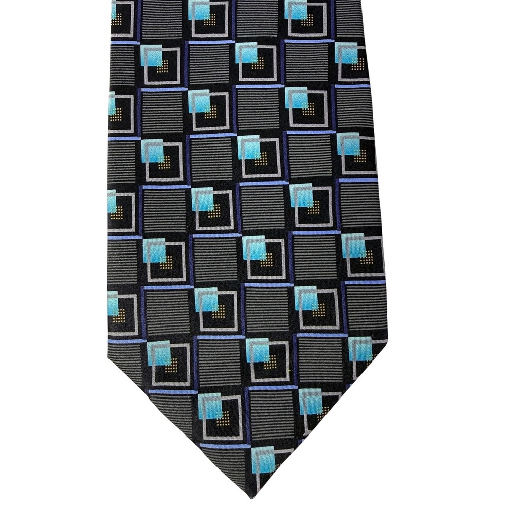 Croft & Barrow Silk Tie Mens Black Blue Geometric Square Pattern Necktie 58"‎